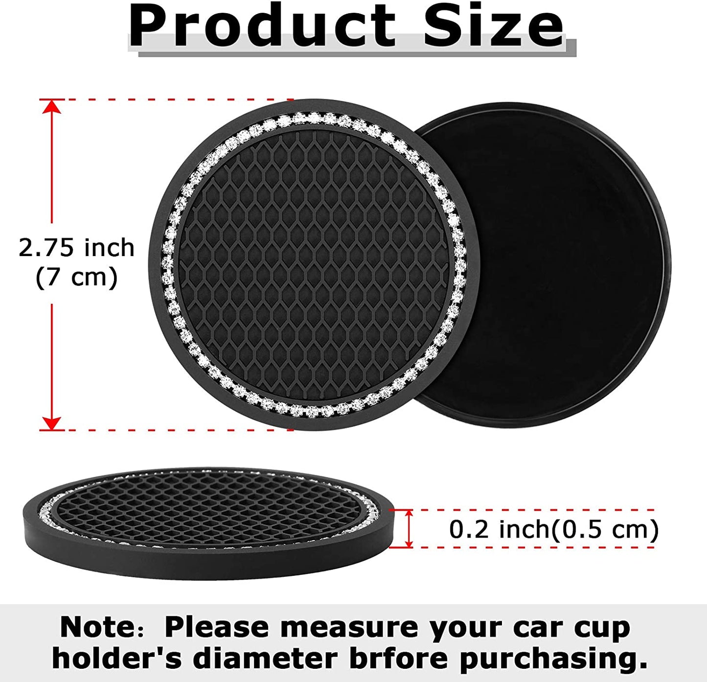 TOOVREN Car Coasters for Cup Holders 4PCS Bling Car Accessories Coasters for Drinks Absorbent Coffee Table Cup Mat Drinking Coaster Silicone Drink Coasters with Holder Home Decor 2.75 Inch Black