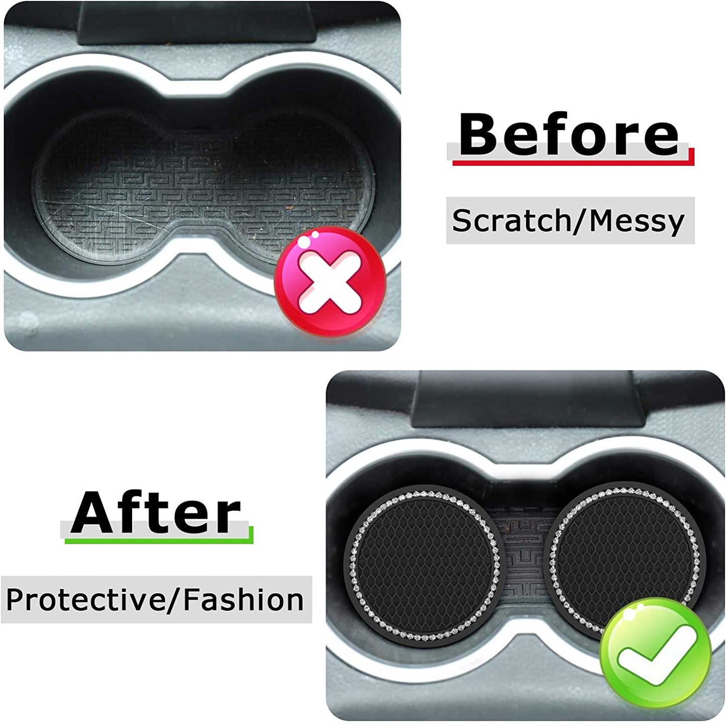 TOOVREN Car Coasters for Cup Holders 4PCS Bling Car Accessories Coasters for Drinks Absorbent Coffee Table Cup Mat Drinking Coaster Silicone Drink Coasters with Holder Home Decor 2.75 Inch Black