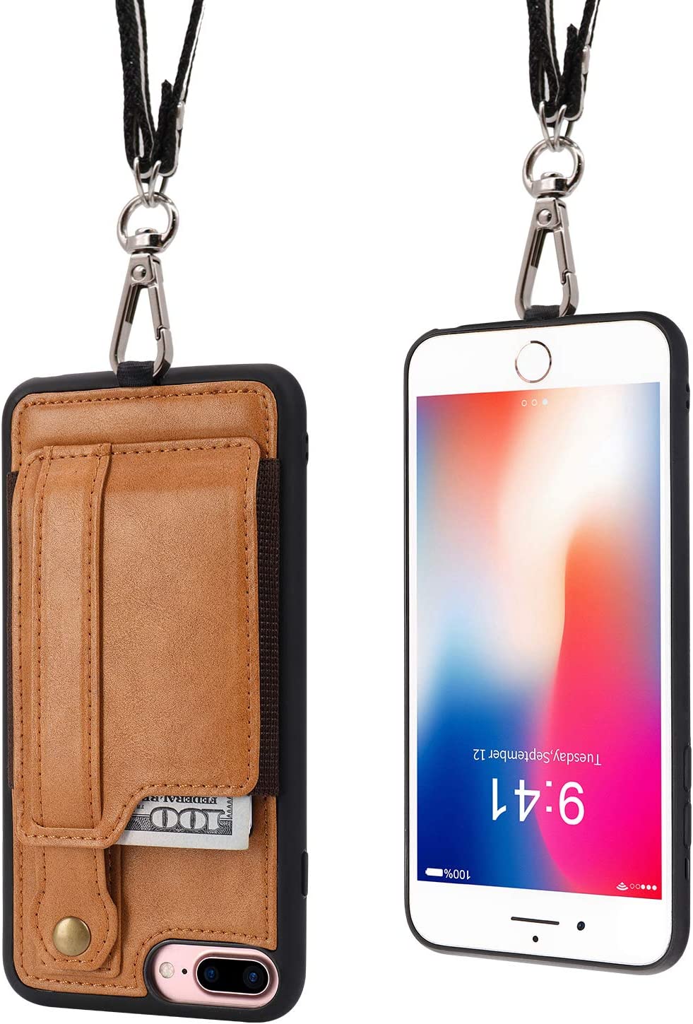 TOOVREN iPhone X Case Wallet, iPhone Xs/10 Lanyard Neck Strap Protective Case Cover with Card Holder Adjustable Detachable Kickstand PU Leather iPhone Lanyard for Anti-Theft