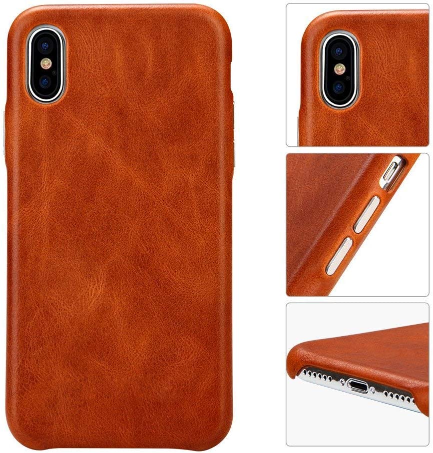 TOOVREN iPhone X Case, iPhone Xs/10 Case Genuine Leather Cover Case Protective Ultra Thin Anti-Slip Vintage Shell Hard Back Cover for Apple iPhone X/Xs 5.8'' (2018) Brown