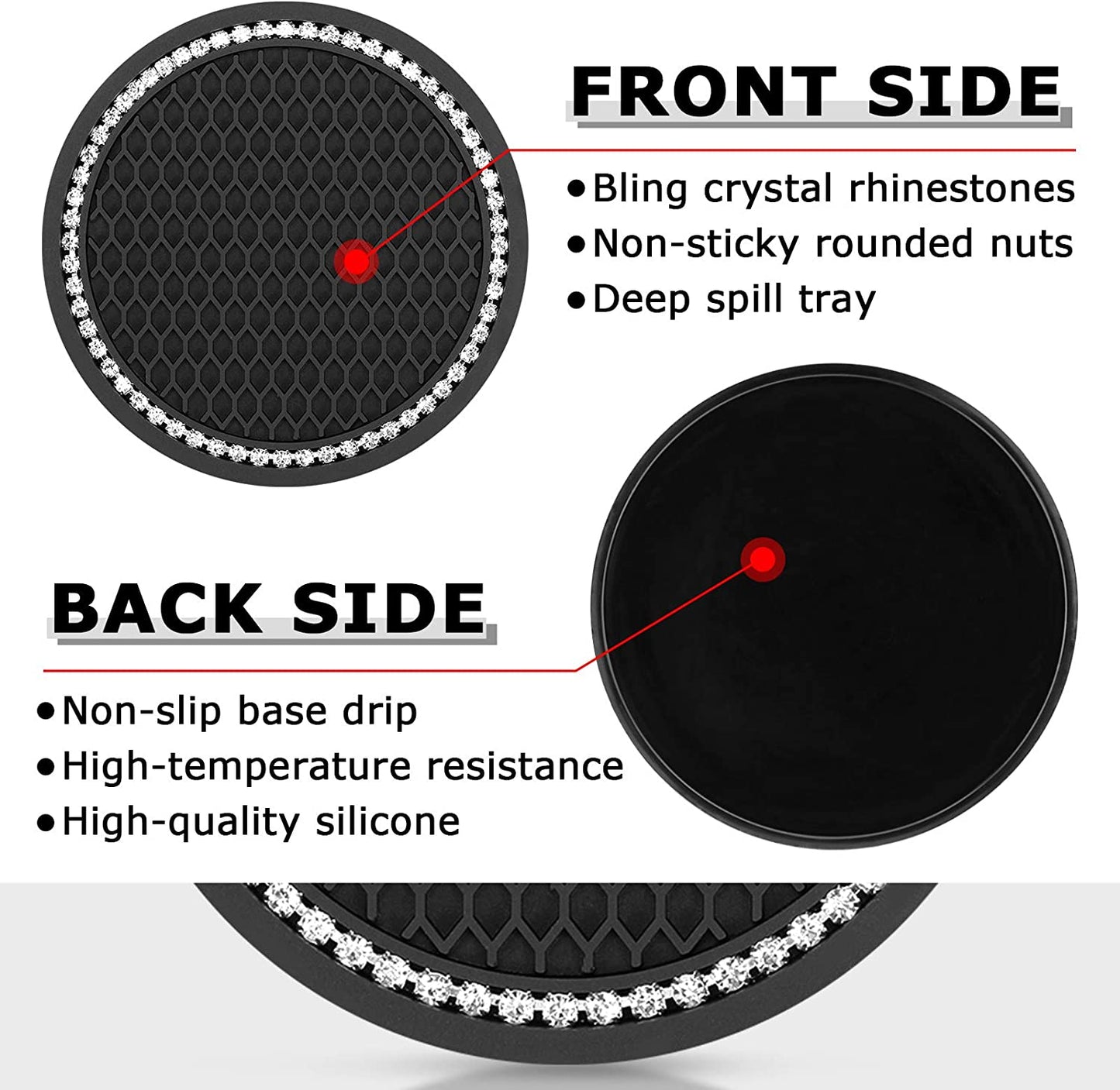 TOOVREN Car Coasters for Cup Holders 4PCS Bling Car Accessories Coasters for Drinks Absorbent Coffee Table Cup Mat Drinking Coaster Silicone Drink Coasters with Holder Home Decor 2.75 Inch Black
