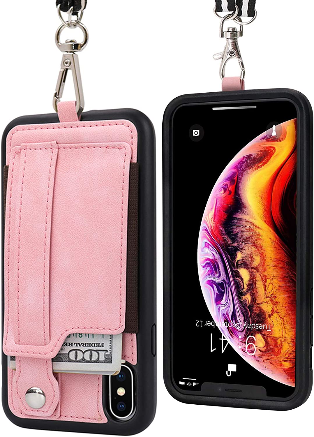 TOOVREN iPhone X Case Wallet, iPhone Xs/10 Lanyard Neck Strap Protective Case Cover with Card Holder Adjustable Detachable Kickstand PU Leather iPhone Lanyard for Anti-Theft