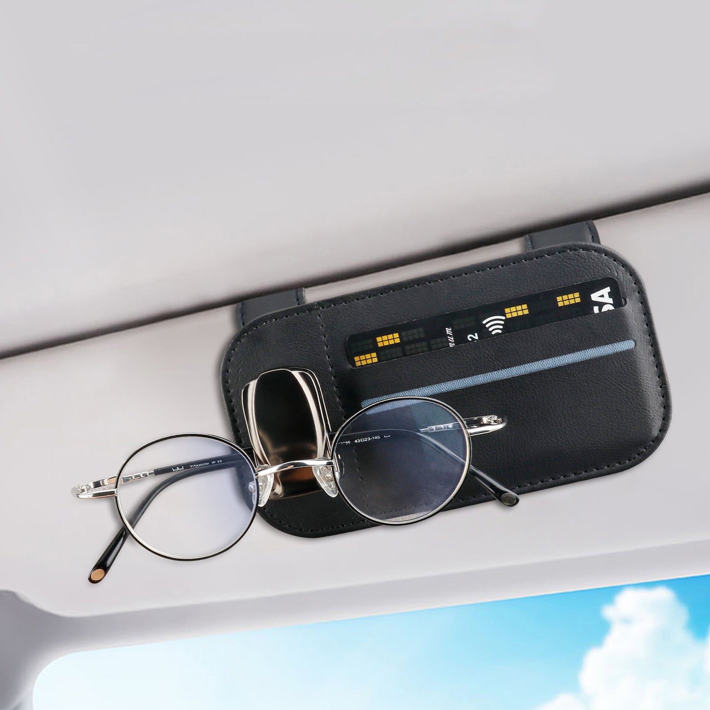 TOOVREN Sunglass Holder for Car, Sunglasses Clip with 2 Card Slots, Universal Eyeglass Hanger Clip for Car Visor, PU Leather Car Interior Visor Accessories Suitable for Different Size Eyeglasses