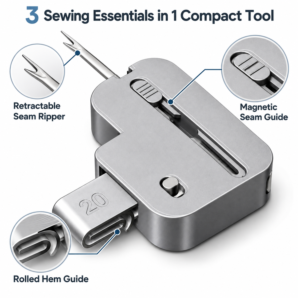 TOOVREN 3-in-1 Magnetic Seam Guide for Sewing Machine, Adjustable Sewing Guide with Rolled Hem Guide and Retractable Seam Ripper, Magnetic Sewing Machine Accessories for Straight Stitching and Hemming