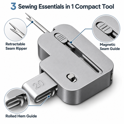 TOOVREN 3-in-1 Magnetic Seam Guide for Sewing Machine, Adjustable Sewing Guide with Rolled Hem Guide and Retractable Seam Ripper, Magnetic Sewing Machine Accessories for Straight Stitching and Hemming