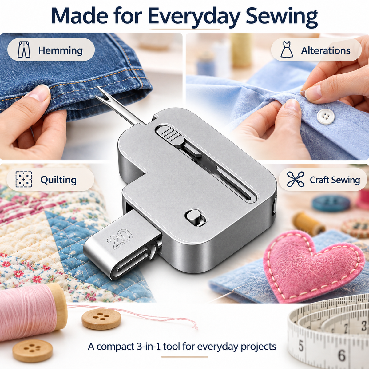 TOOVREN 3-in-1 Magnetic Seam Guide for Sewing Machine, Adjustable Sewing Guide with Rolled Hem Guide and Retractable Seam Ripper, Magnetic Sewing Machine Accessories for Straight Stitching and Hemming