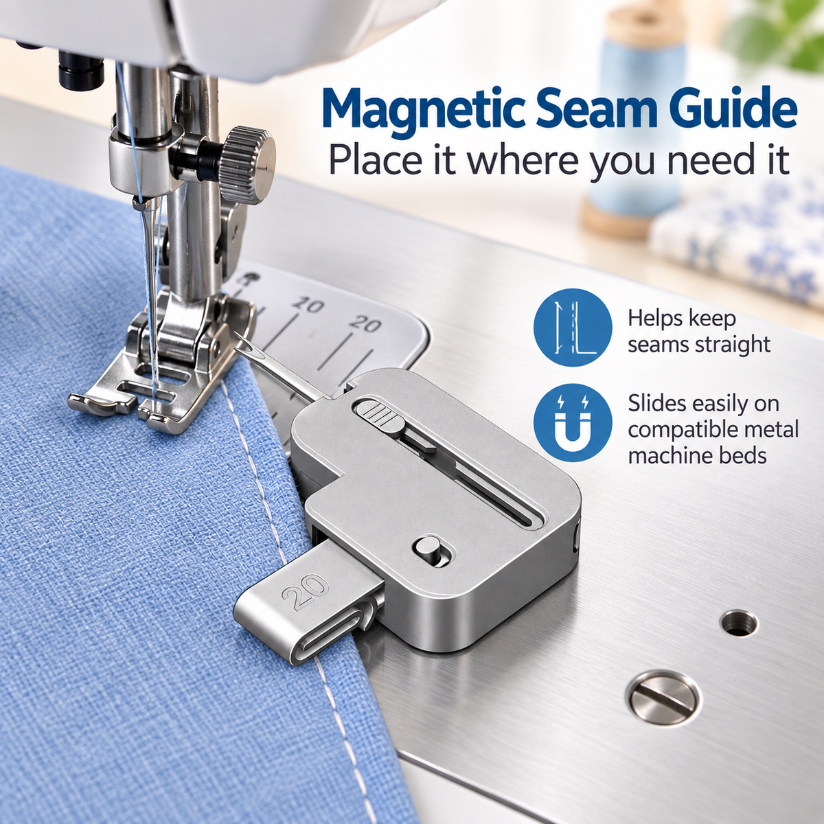 TOOVREN 3-in-1 Magnetic Seam Guide for Sewing Machine, Adjustable Sewing Guide with Rolled Hem Guide and Retractable Seam Ripper, Magnetic Sewing Machine Accessories for Straight Stitching and Hemming