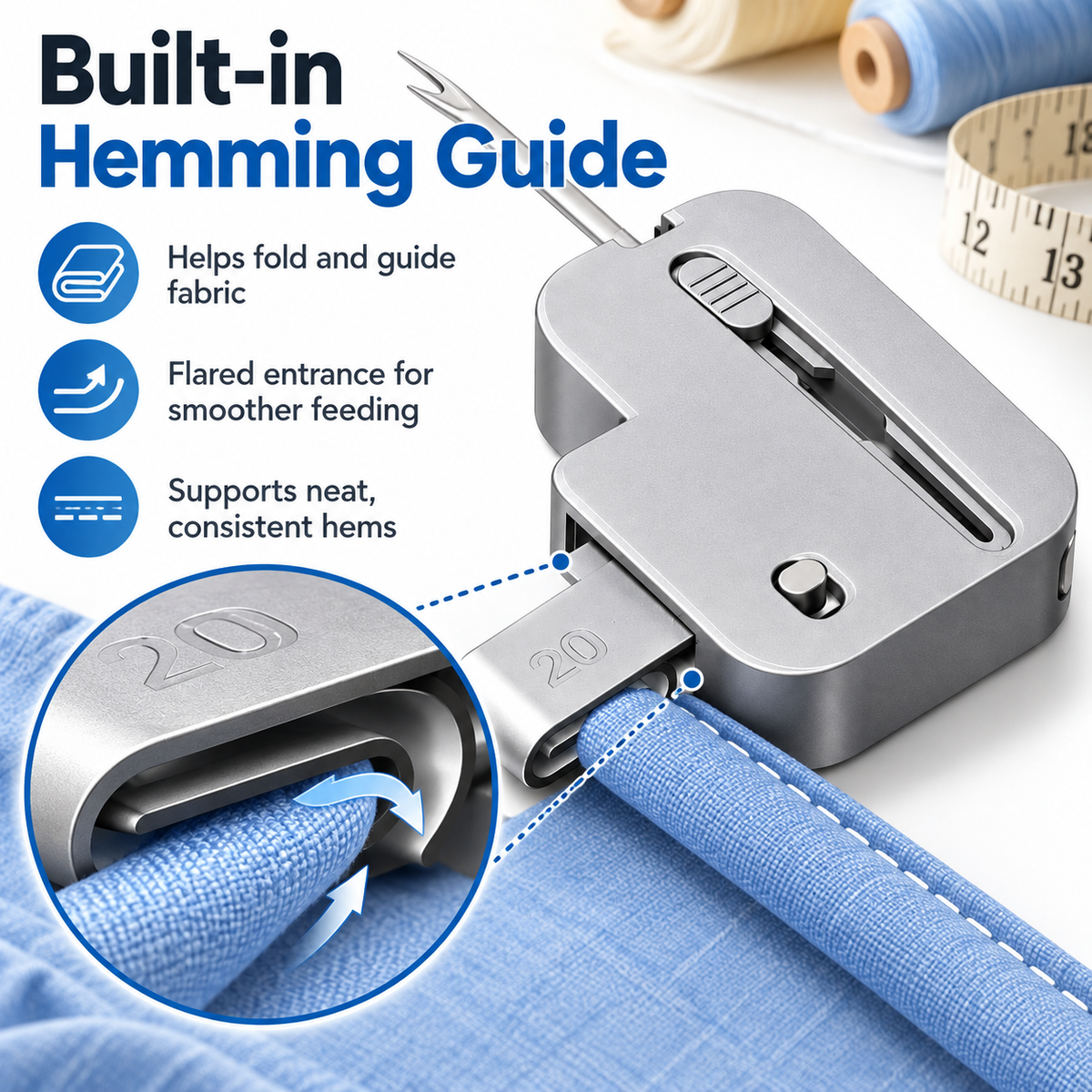 TOOVREN 3-in-1 Magnetic Seam Guide for Sewing Machine, Adjustable Sewing Guide with Rolled Hem Guide and Retractable Seam Ripper, Magnetic Sewing Machine Accessories for Straight Stitching and Hemming
