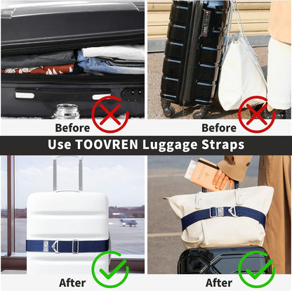 TOOVREN 2-in-1 Travel Belt for Luggage Straps Add a Bag Bungees Luggage Strap Over Handle Suitcases Belt for Carry On Bag Elastic Belt Adjustable Suitcase Strap Airport Travel Accessories Blue