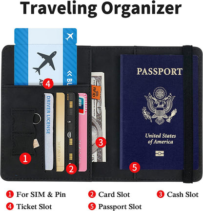 Passport Holder Travel Essentials, Passport Wallet RFID Blocking for Men Women, Multifunction Travel Document Holder, PU Leather Card Case Cover with Elastic Band Closure
