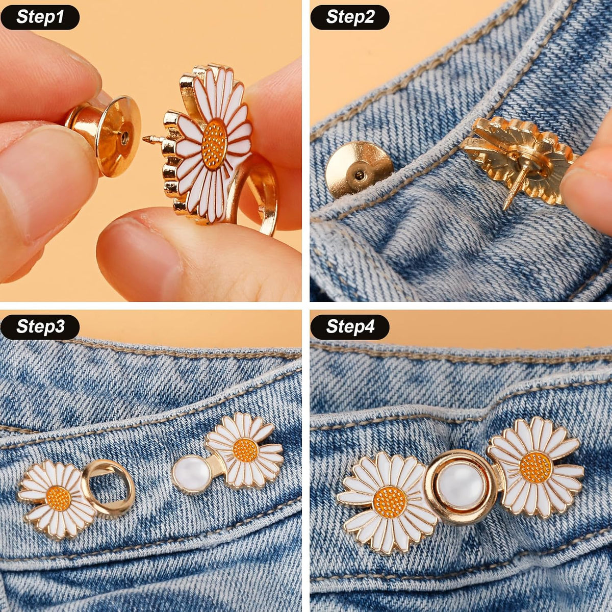 TOOVREN Pant Waist Tightener, Detachable Jean Buttons for Loose Jeans, No Sew and No Tools Button Pins for Jeans, Adjustable Jean Buttons Pins, Daisy Flower Instant Pants Button Tightener 4 Sets