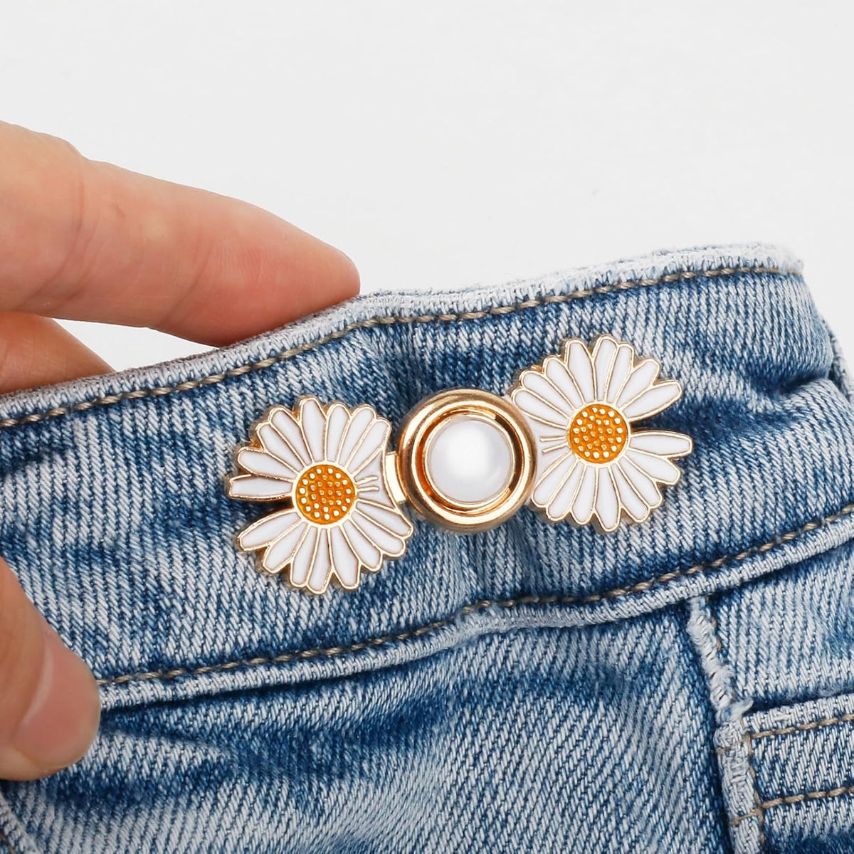TOOVREN Pant Waist Tightener, Detachable Jean Buttons for Loose Jeans, No Sew and No Tools Button Pins for Jeans, Adjustable Jean Buttons Pins, Daisy Flower Instant Pants Button Tightener 4 Sets