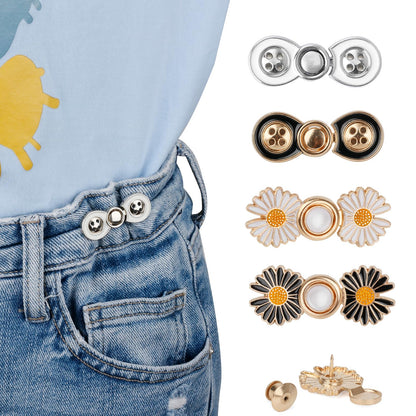 TOOVREN Pant Waist Tightener, Detachable Jean Buttons for Loose Jeans, No Sew and No Tools Button Pins for Jeans, Adjustable Jean Buttons Pins, Daisy Flower Instant Pants Button Tightener 4 Sets