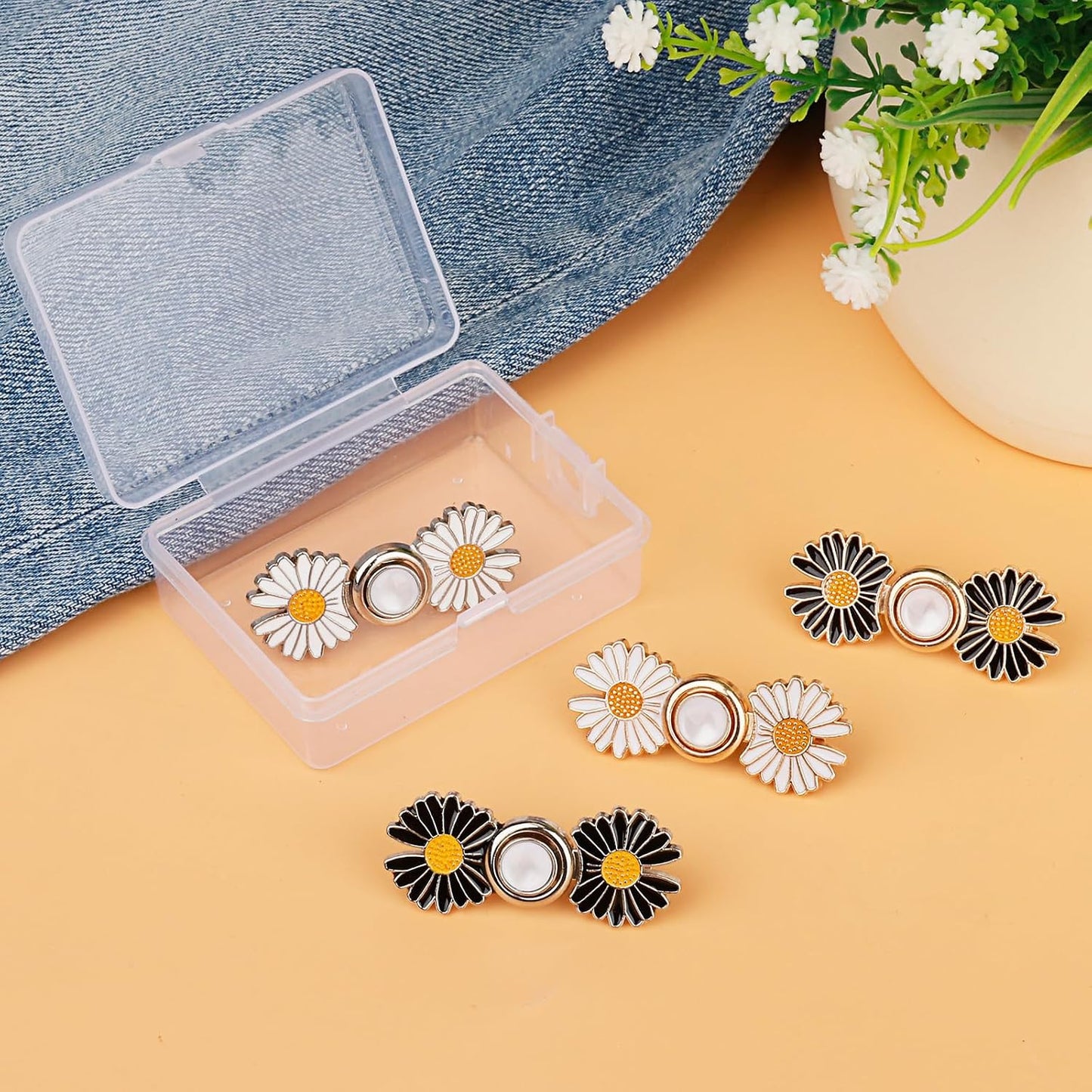TOOVREN Pant Waist Tightener, Detachable Jean Buttons for Loose Jeans, No Sew and No Tools Button Pins for Jeans, Adjustable Jean Buttons Pins, Daisy Flower Instant Pants Button Tightener 4 Sets