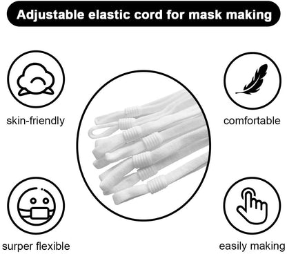 TOOVREN Upgraded 100PCS Elastic Cord String for Masks with Adjustable Buckle Lock Soft Elastic Band for Sewing Stretchy Strap with Adjuster Stoppers Clip Earmuff Earloops for Adult Kids