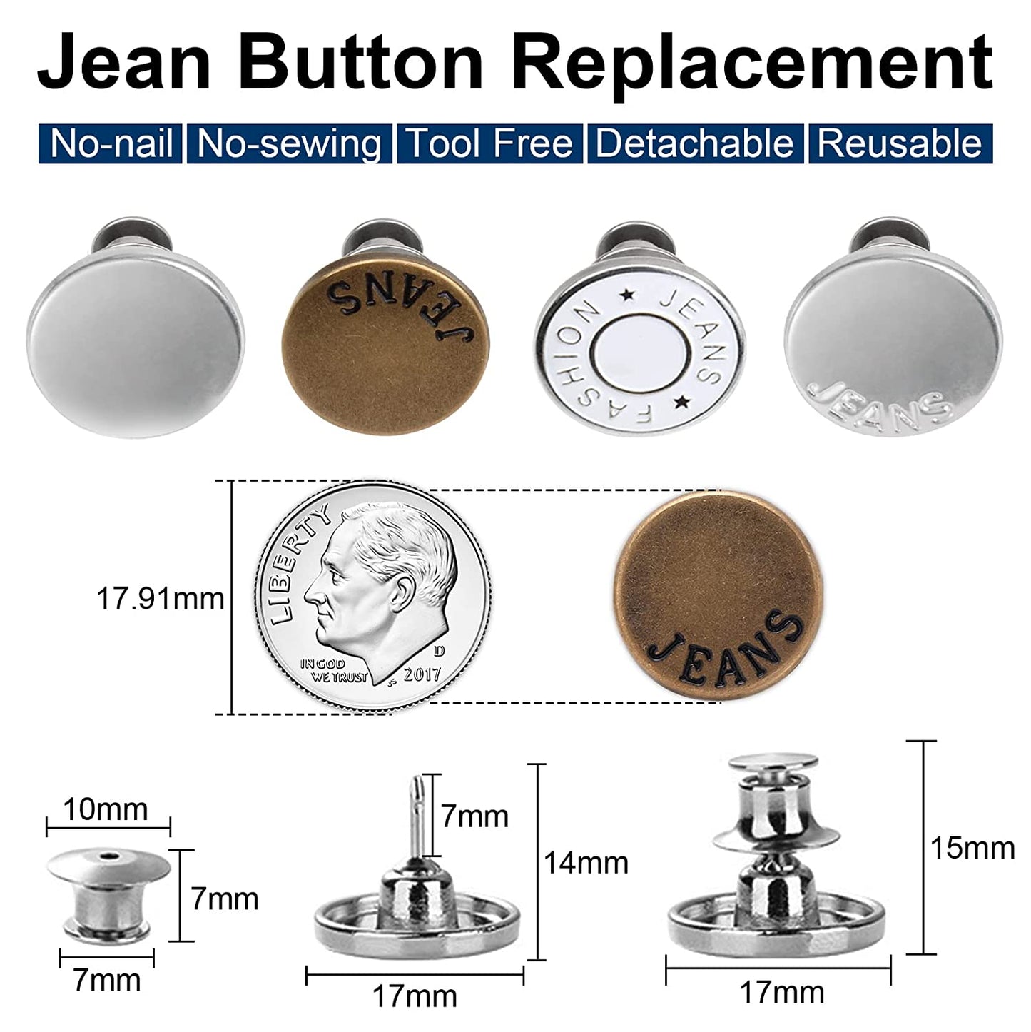 TOOVREN Upgraded 8 Sets Button Pins for Jeans Pants, No Sew Perfect Fit Jean Button Tightener Replacement Adjustable Reusable Metal Clips Snap Tack, Instant Reduce Too Big Pants Waist