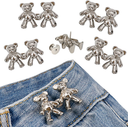TOOVREN Cute Bear Button Pins for Jeans, No Sew and No Tools Instant Pant Waist Tightener, Adjustable Jean Buttons Pins for Loose Jeans 4 Sets Jeans Button Replacement Pant Clips for Waist Buckle
